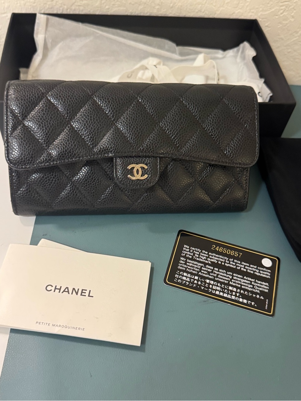 CHANEL Black Quilted Caviar Leather Wallet with Gold CC Lock - Picture 3 of 13